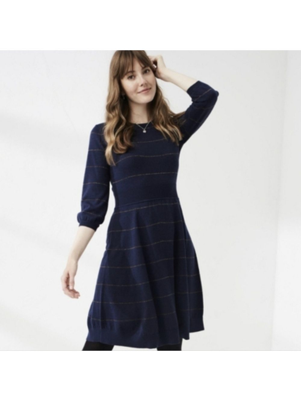 FatFace Fiona Knit Sweater Dress Fit and Flare Striped Long Sleeves Navy Size 6